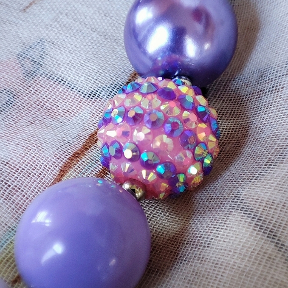 Acrylic Big Balls Purple Lavender Faux Pearls Rhinestone Striped Beads Necklace - Picture 7 of 12